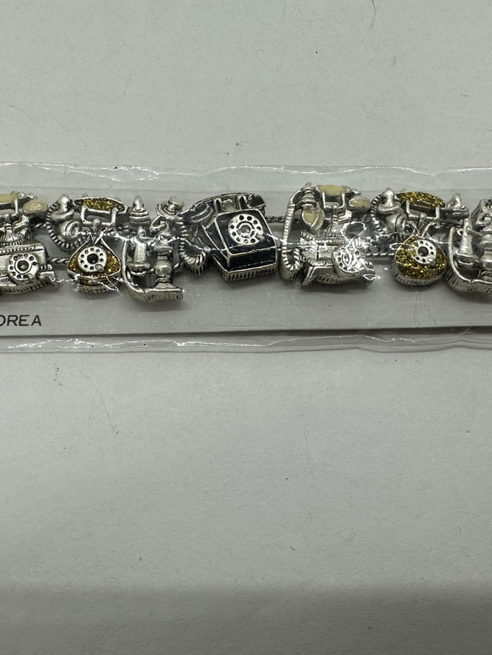 Vintage Telephone Charm Slide Bracelet - Silver & Gold Accents